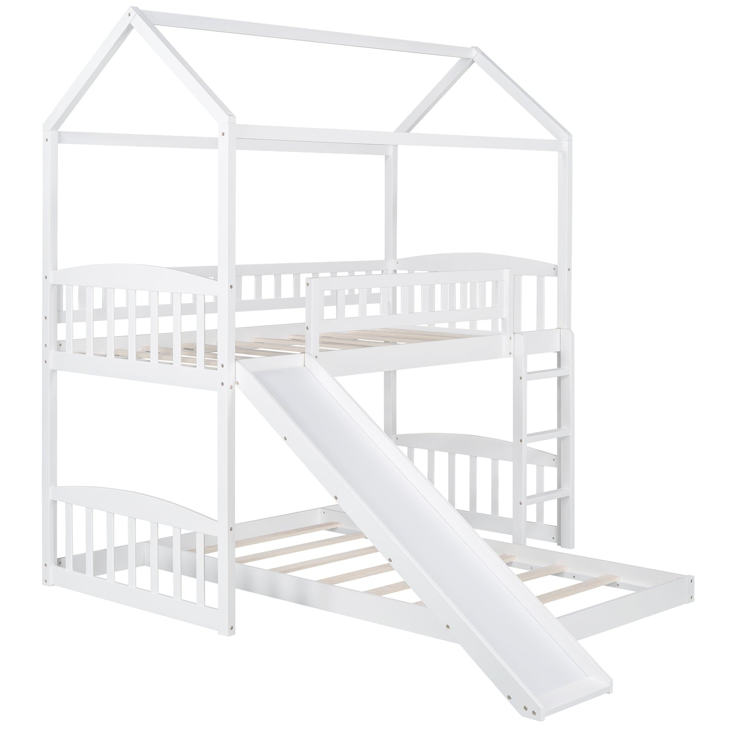 White Playhouse Frame Full Over Full Perpendicular Bunk Bed with Slide