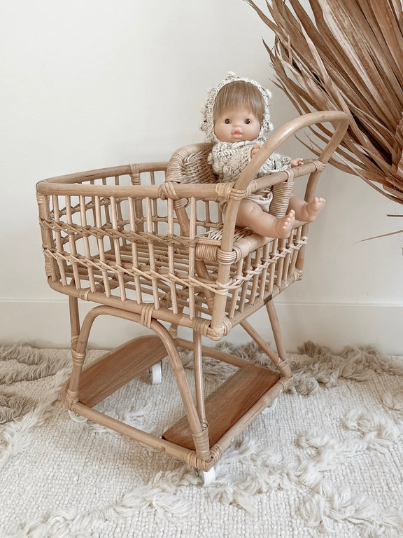 Children's Rattan Shopping Cart with Doll Seat